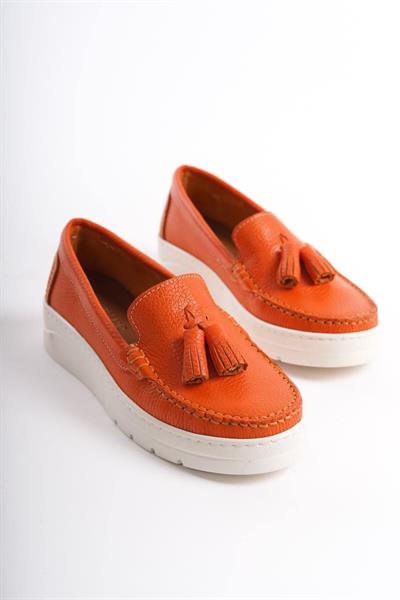 Mubiano Hakiki Deri MBMTT501-ORJ Kadın Kalın Taban Oranj Babet &Loafer