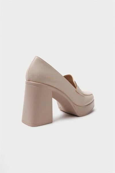 Mubiano MBSR1014-BJ Kadın Kalın Topuklu Kemer Detaylı Bej Kolej Ayakkabı
