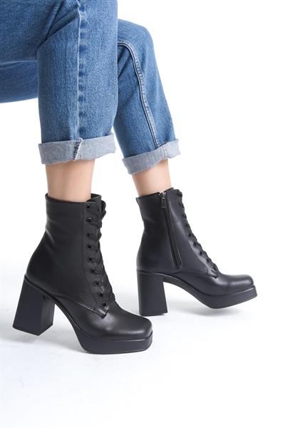 Mubiano MBSR1040-S Kadın Kalın Topuklu Küt Burunlu Fermuar Detaylı Siyah Bot&Bootie