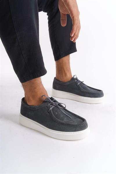 Mubiano Hakiki Deri MBSR3535-GR Erkek Bağcık Detay Süet Günlük Gri Ayakkabı & Loafer