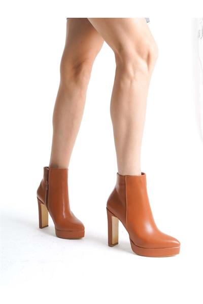 Mubiano MBSR603-TB Kadın Kalın Topuklu Taba Oval Burun Kısa Bot & Bootie