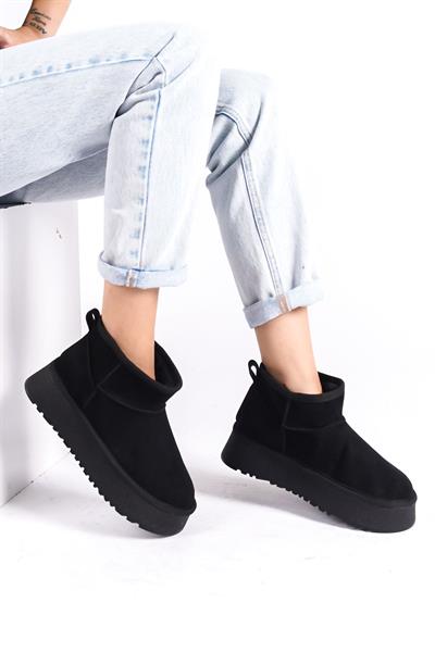 Mubiano MBUCC1-S Mini Siyah Süet  içi Kürklü Kalın Thermo Taban Yarım Bot & Bootie