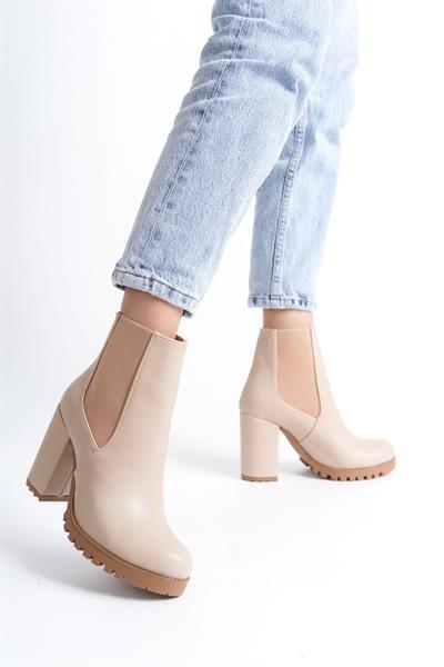 Mubiano MBZFR5010D-N Kadın Nude Kalın Topuklu Yanları Lastikli Kısa Bot&Bootie