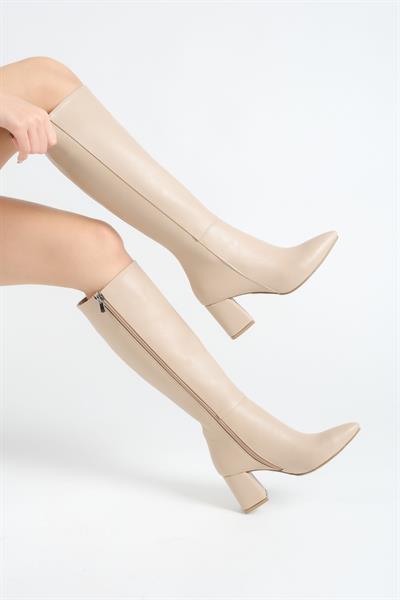 Mubiano MBZFR5012D-N Kadın Nude Fermuarlı Sivri Burun 6 Cm Blok topuklu Uzun Çizme