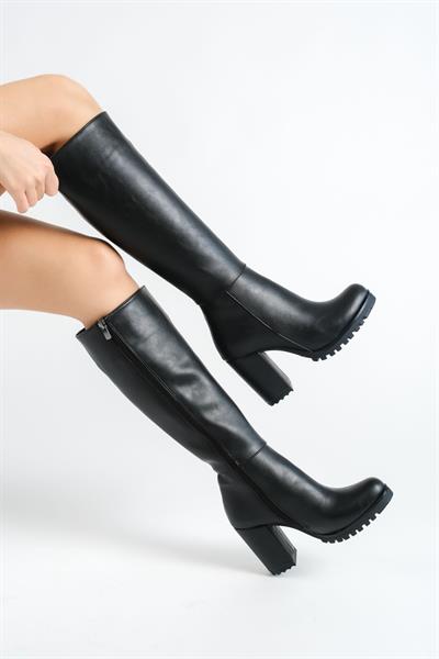 Mubiano MBZFR5013D-S Kadın Siyah Kalın Topuklu Fermuarlı Uzun Çizme