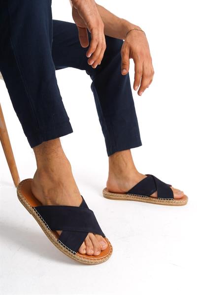 Mubiano Hakiki Deri Summer Erkek Süet Çapraz Bantlı Jüt Taban Lacivert Espadril Terlik -MSSR5959-LCV