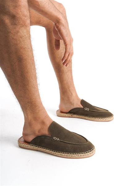 Mubiano Hakiki Deri Summer Erkek Süet Önü Kapalı Jüt Taban Haki Espadril Terlik -MSSR3416-HK