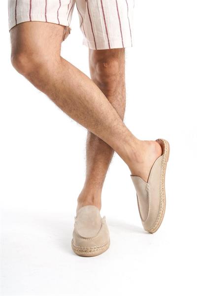 Mubiano Hakiki Deri Summer Erkek Süet Önü Kapalı Jüt Taban Bej Espadril Terlik -MSSR3416-BJ