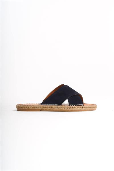Mubiano Hakiki Deri Summer Erkek Süet Çapraz Bantlı Jüt Taban Lacivert Espadril Terlik -MSSR5959-LCV