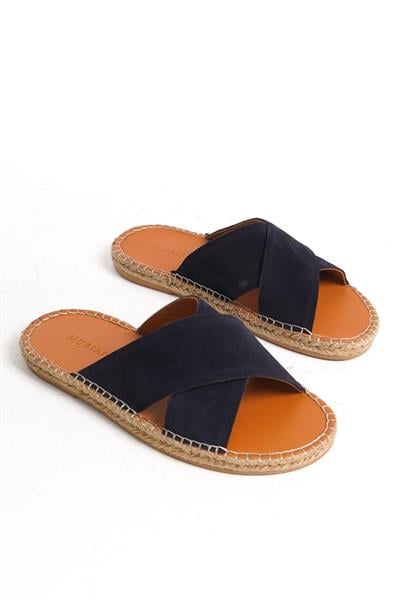 Mubiano Hakiki Deri Summer Erkek Süet Çapraz Bantlı Jüt Taban Lacivert Espadril Terlik -MSSR5959-LCV