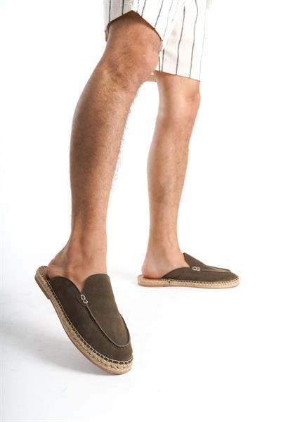 Mubiano Hakiki Deri Summer Erkek Süet Önü Kapalı Jüt Taban Haki Espadril Terlik -MSSR3416-HK