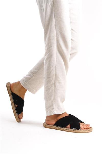 Mubiano Hakiki Deri Summer Erkek Süet Çapraz Bantlı Jüt Taban Siyah Espadril Terlik -MSSR5959-S