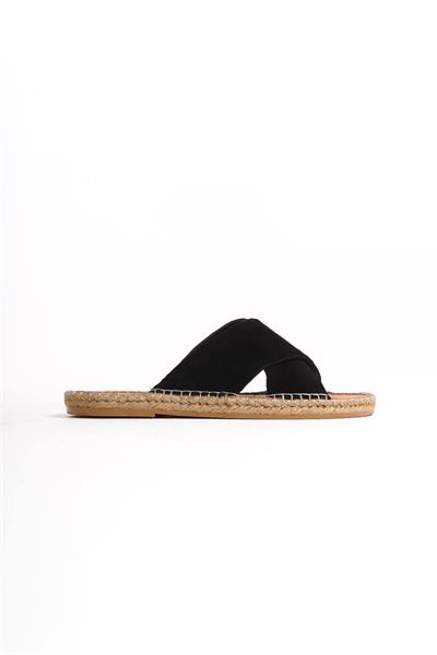 Mubiano Hakiki Deri Summer Erkek Süet Çapraz Bantlı Jüt Taban Siyah Espadril Terlik -MSSR5959-S