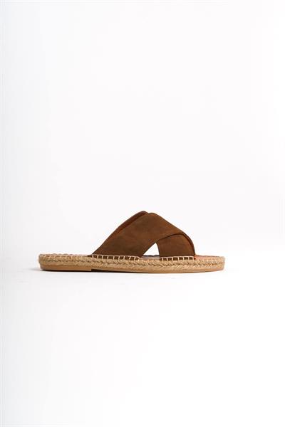 Mubiano Hakiki Deri Summer Erkek Süet Çapraz Bantlı Jüt Taban Taba Espadril Terlik -MSSR5959-TB