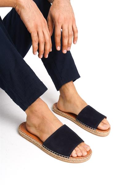 Mubiano Hakiki Deri Summer Erkek Süet Jüt Taban Lacivet Espadril Terlik -MSSR122-LCV