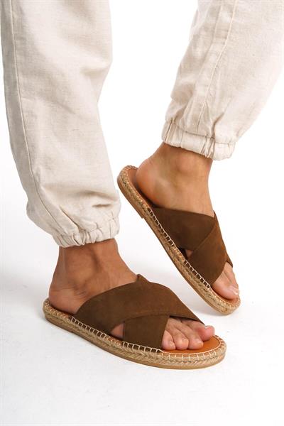 Mubiano Hakiki Deri Summer Erkek Süet Çapraz Bantlı Jüt Taban Taba Espadril Terlik -MSSR5959-TB