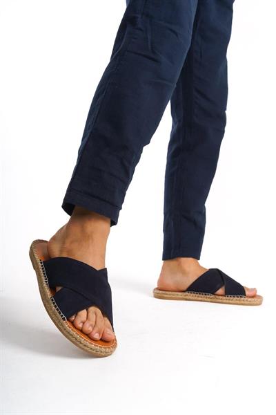 Mubiano Hakiki Deri Summer Erkek Süet Çapraz Bantlı Jüt Taban Lacivert Espadril Terlik -MSSR5959-LCV