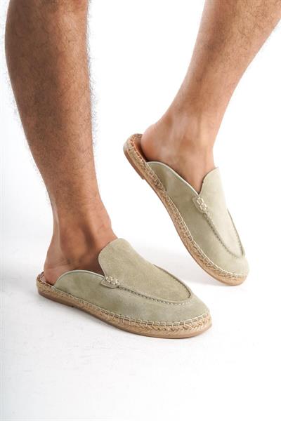 Mubiano Hakiki Deri Summer Erkek Süet Önü Kapalı Jüt Taban Yeşil Espadril Terlik -MSSR3416-Y