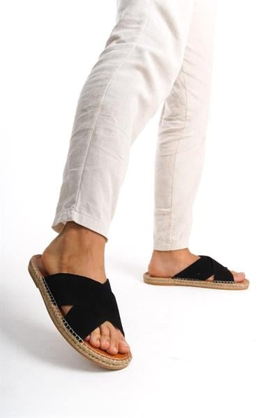 Mubiano Hakiki Deri Summer Erkek Süet Çapraz Bantlı Jüt Taban Siyah Espadril Terlik -MSSR5959-S