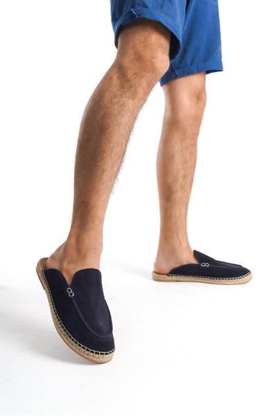 Mubiano Hakiki Deri Summer Erkek Süet Önü Kapalı Jüt Taban Lacivert Espadril Terlik -MSSR3416-LCV