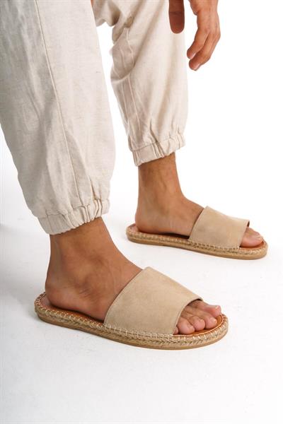 Mubiano Hakiki Deri Summer Erkek Süet Jüt Taban Bej Espadril Terlik -MSSR122-BJ
