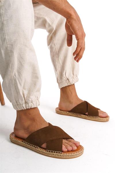 Mubiano Hakiki Deri Summer Erkek Süet Çapraz Bantlı Jüt Taban Taba Espadril Terlik -MSSR5959-TB