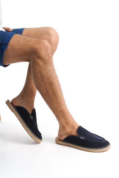 Mubiano Hakiki Deri Summer Erkek Süet Önü Kapalı Jüt Taban Lacivert Espadril Terlik -MSSR3416-LCV