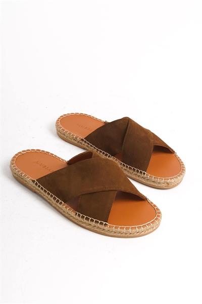 Mubiano Hakiki Deri Summer Erkek Süet Çapraz Bantlı Jüt Taban Taba Espadril Terlik -MSSR5959-TB