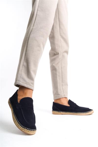 Mubiano Hakiki Deri Summer Erkek Jüt Taban Lacivert Süet Espadril & Loafer -MSSR1274-LCV