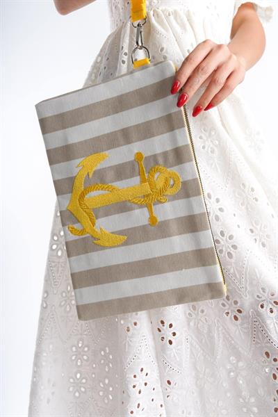 Mubiano Summer Kadın Bej/Beyaz Çizgili Duck Keten Kumaş Çapa Clutch & Portföy Çanta - MSLY0106-BB