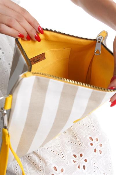 Mubiano Summer Kadın Bej/Beyaz Çizgili Duck Keten Kumaş Çapa Clutch & Portföy Çanta - MSLY0106-BB