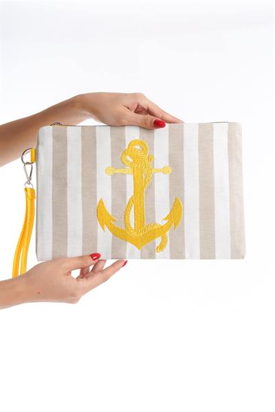 Mubiano Summer Kadın Bej/Beyaz Çizgili Duck Keten Kumaş Çapa Clutch & Portföy Çanta - MSLY0106-BB