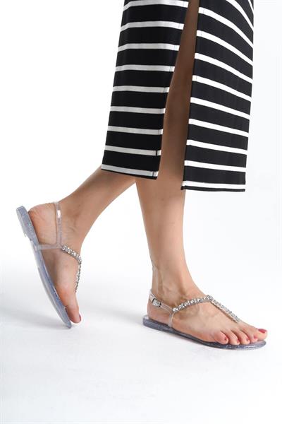 Mubiano Summer Kadın Jelly Şeffaf Gri Sim Taş Detay Düz Sandalet-MSTB7070-SGS