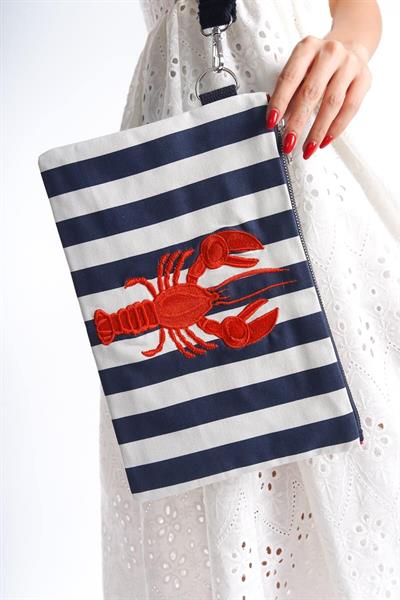 Mubiano Summer Kadın Lacivert/Beyaz Çizgili Duck Keten Kumaş Istakoz Clutch & Portföy Çanta - MSLY0107-LB