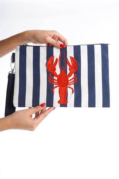 Mubiano Summer Kadın Lacivert/Beyaz Çizgili Duck Keten Kumaş Istakoz Clutch & Portföy Çanta - MSLY0107-LB