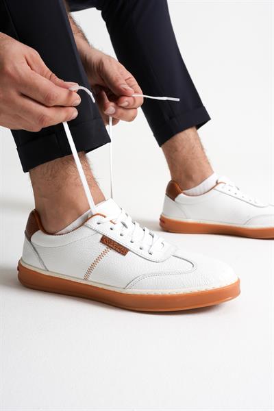 Navro Erkek Beyaz Hakiki Deri Casual Sneaker Ayakkabı
