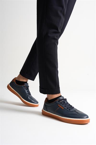 Navro Erkek Lacivert Hakiki Deri Casual Sneaker Ayakkabı