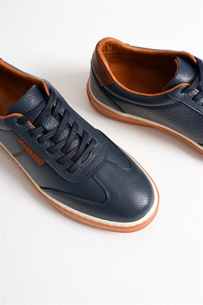 Navro Erkek Lacivert Hakiki Deri Casual Sneaker Ayakkabı