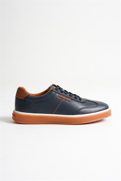 Navro Erkek Lacivert Hakiki Deri Casual Sneaker Ayakkabı