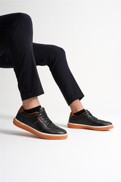 Navro Erkek Siyah Hakiki Deri Casual Sneaker Ayakkabı