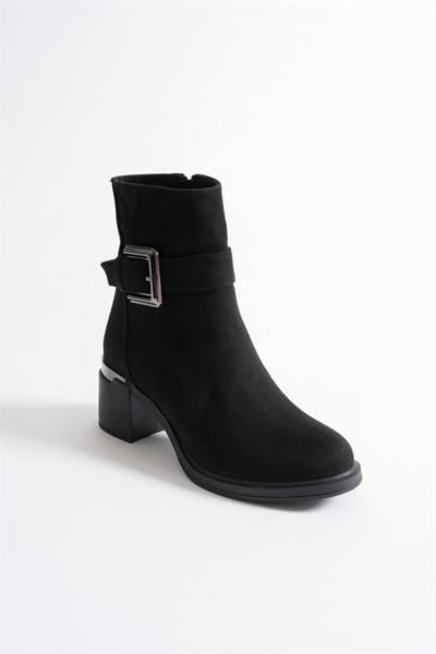 Ravena Kadın Siyah Süet Fermuarlı Metal Aksesuarlı Kalın Topuklu BOT (6 CM)