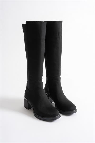 Strella Kadın Siyah Süet Arka Streçli Fermuarlı Kalın Topuklu Çizme 