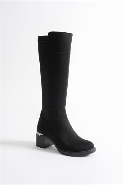 Strella Kadın Siyah Süet Arka Streçli Fermuarlı Kalın Topuklu Çizme 