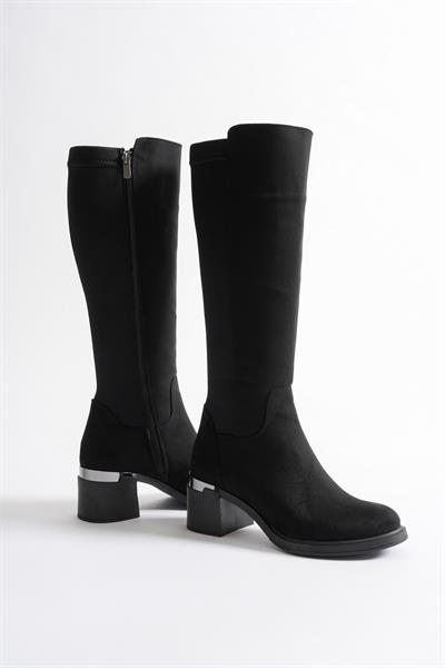 Strella Kadın Siyah Süet Arka Streçli Fermuarlı Kalın Topuklu Çizme 