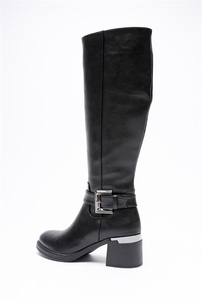 Velmira Kadın Siyah Deri Fermuarlı Platin Tokalı Kalın Topuklu Çizme (6CM)