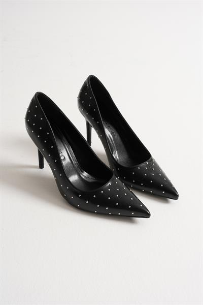 Zerina Kadın Siyah Metal Aksesuarlı Sivri Burun Yüksek İnce Topuklu Ayakkabı Stiletto (9 CM) 