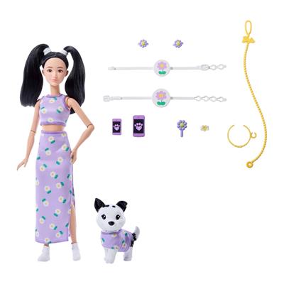 Barbie Uyumlu Dostlar Siyah Saçlı Bebek ve Köpekçiği