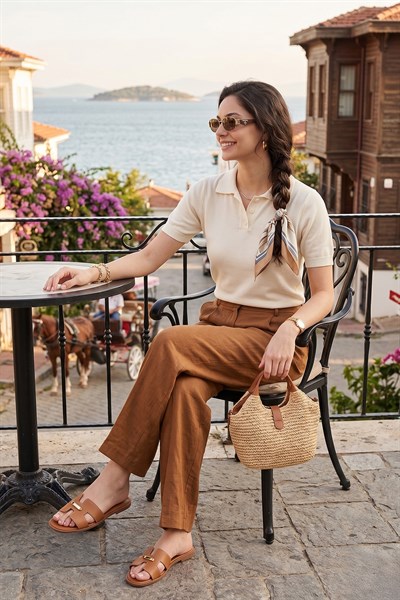Lela Regular Fit Kısa Kollu Düğmeli Triko Kadın Polo Yaka Kazak 4617056 EKRU