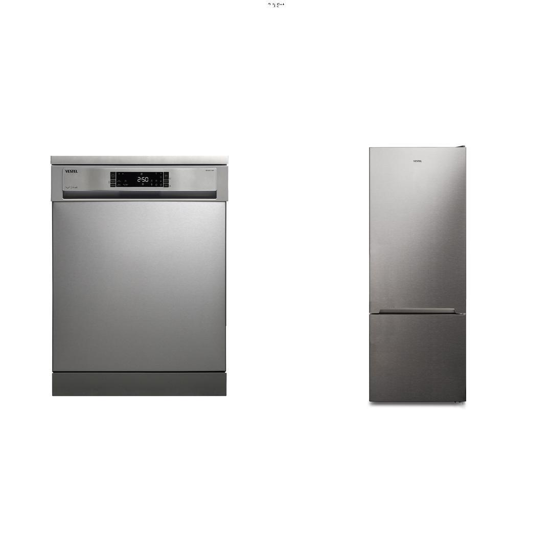 Vestel Inox Serisi 2’li Çeyiz Seti – WiFi Bulaşık Makinesi + Buzdolabı