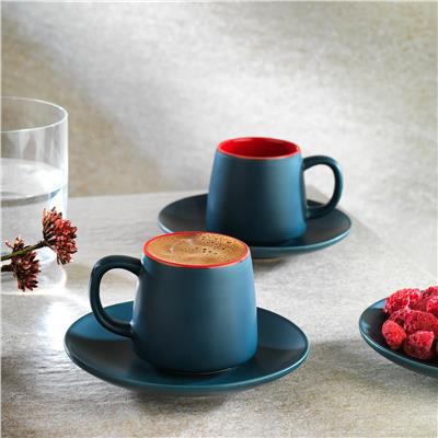 Schafer Aurora 2 Kişilik Kahve Fincan Takımı 4 Parça Lacivert/Kırmızı
